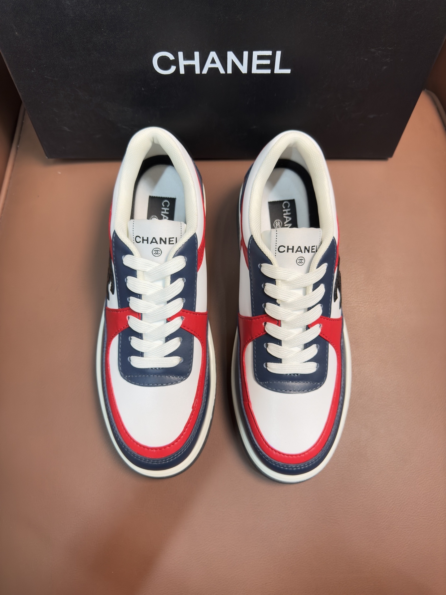 Chanel Tricolor Leather Sneakers – White, Navy & Red Low-Top
