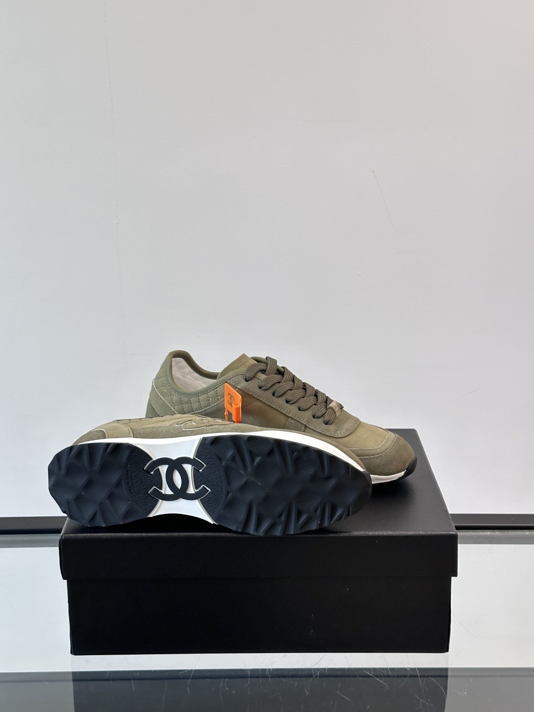 Chanel Olive Green Suede Sneakers with Quilted Heel Detail