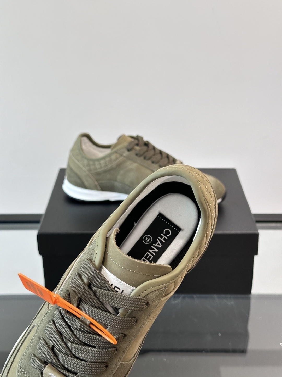 Chanel Olive Green Suede Sneakers with Quilted Heel Detail