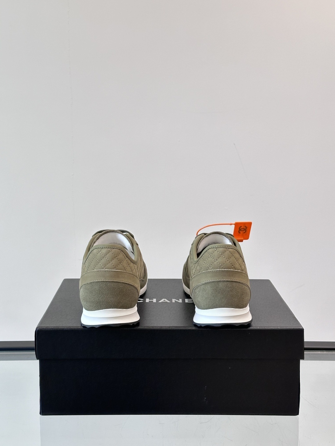 Chanel Olive Green Suede Sneakers with Quilted Heel Detail