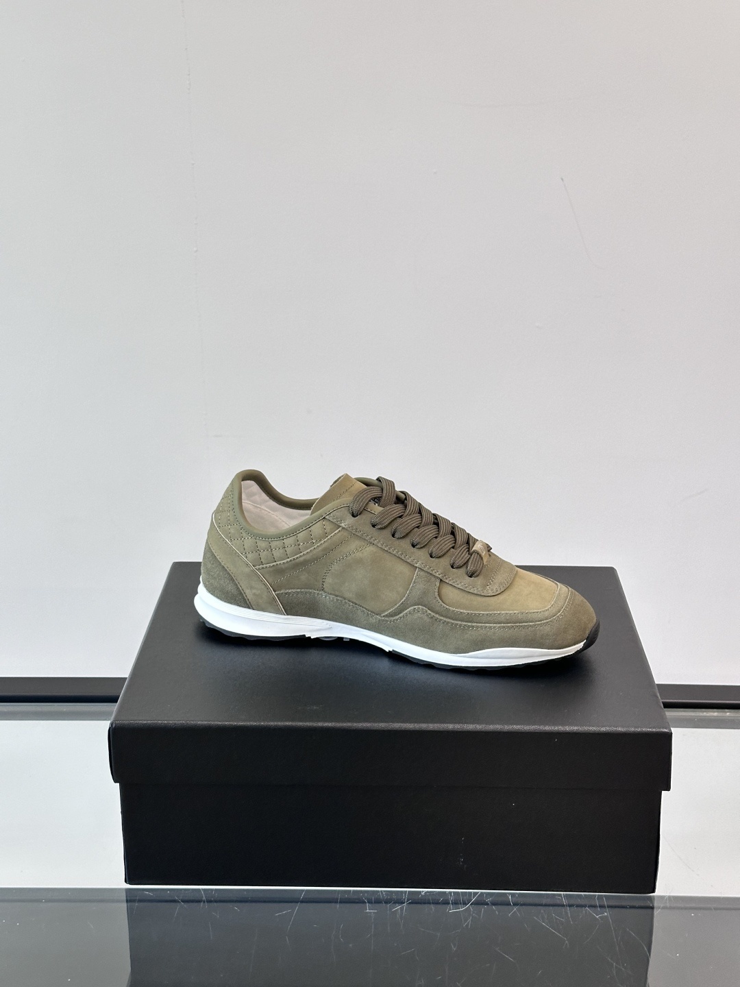 Chanel Olive Green Suede Sneakers with Quilted Heel Detail