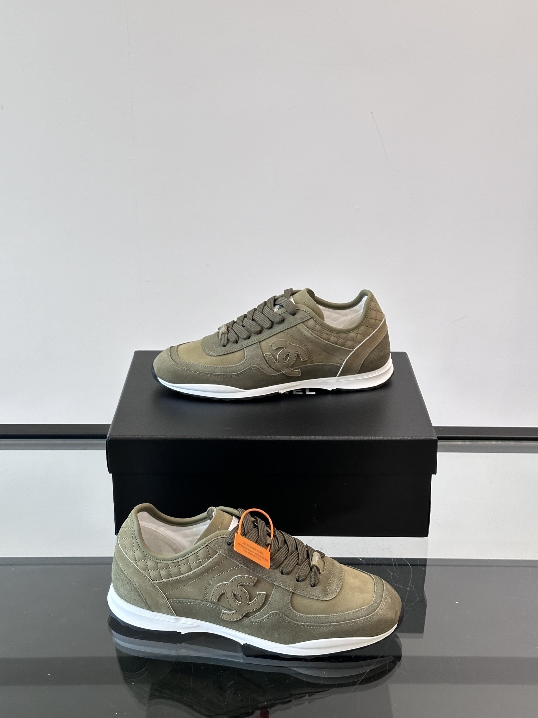 Chanel Olive Green Suede Sneakers with Quilted Heel Detail
