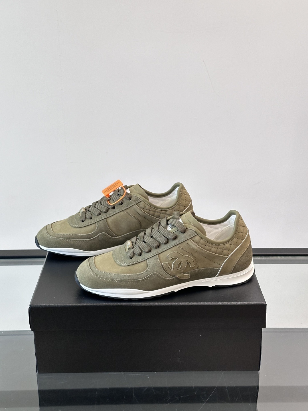 Chanel Olive Green Suede Sneakers with Quilted Heel Detail