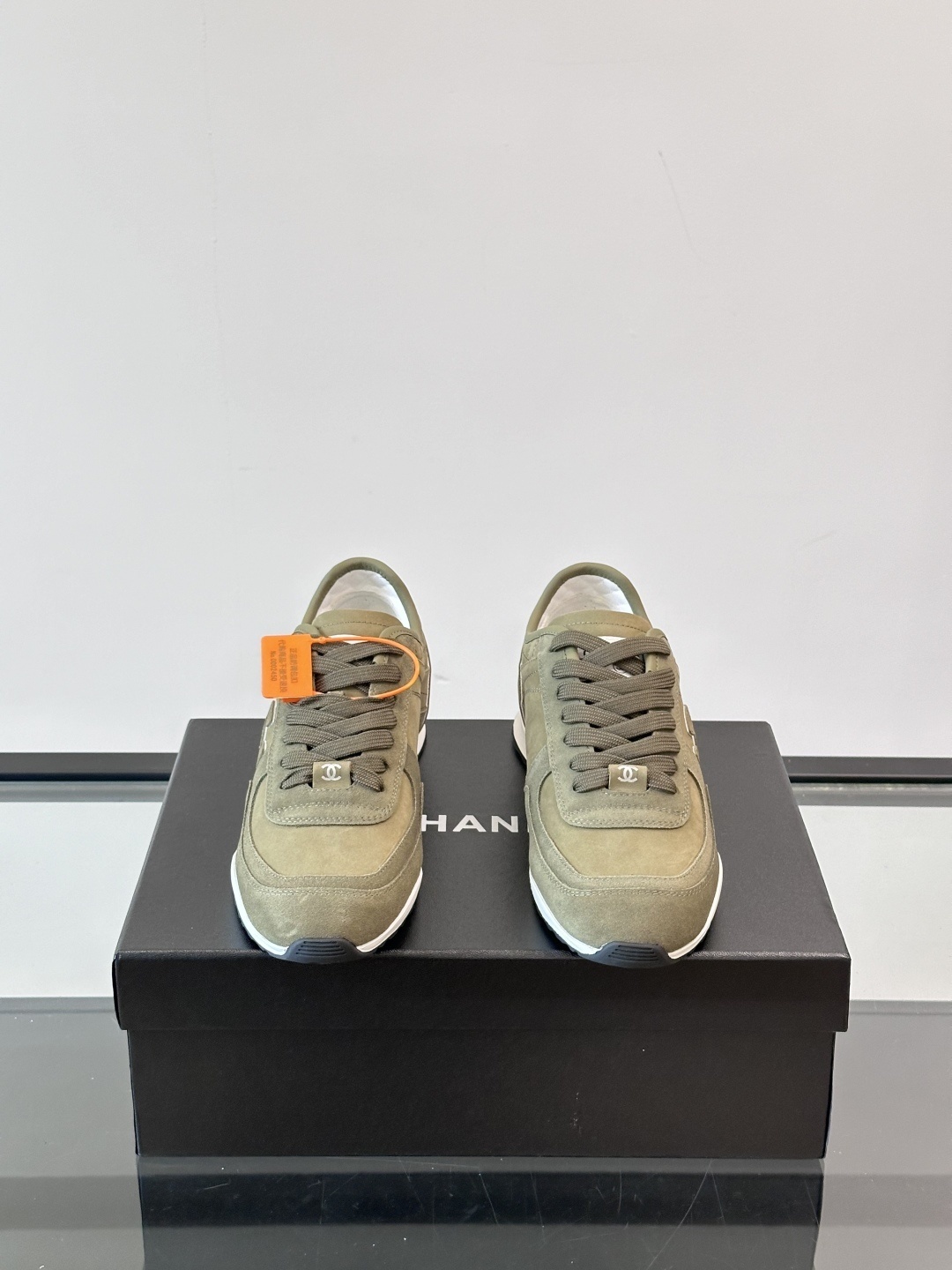 Chanel Olive Green Suede Sneakers with Quilted Heel Detail