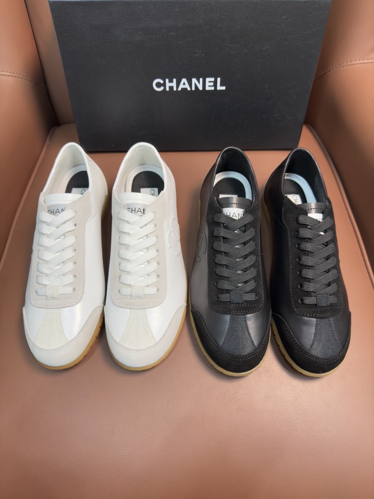 Chanel White Leather & Suede Low-Top Sneakers with Gum Sole