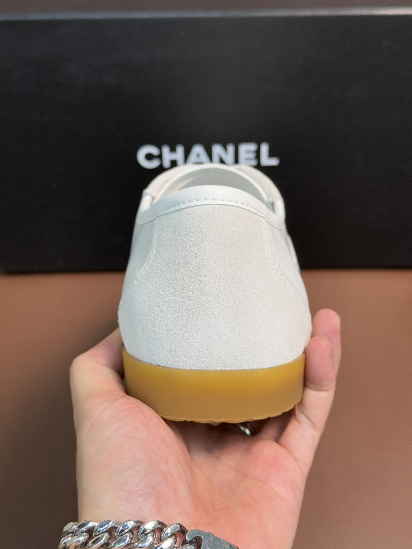 Chanel White Leather & Suede Low-Top Sneakers with Gum Sole