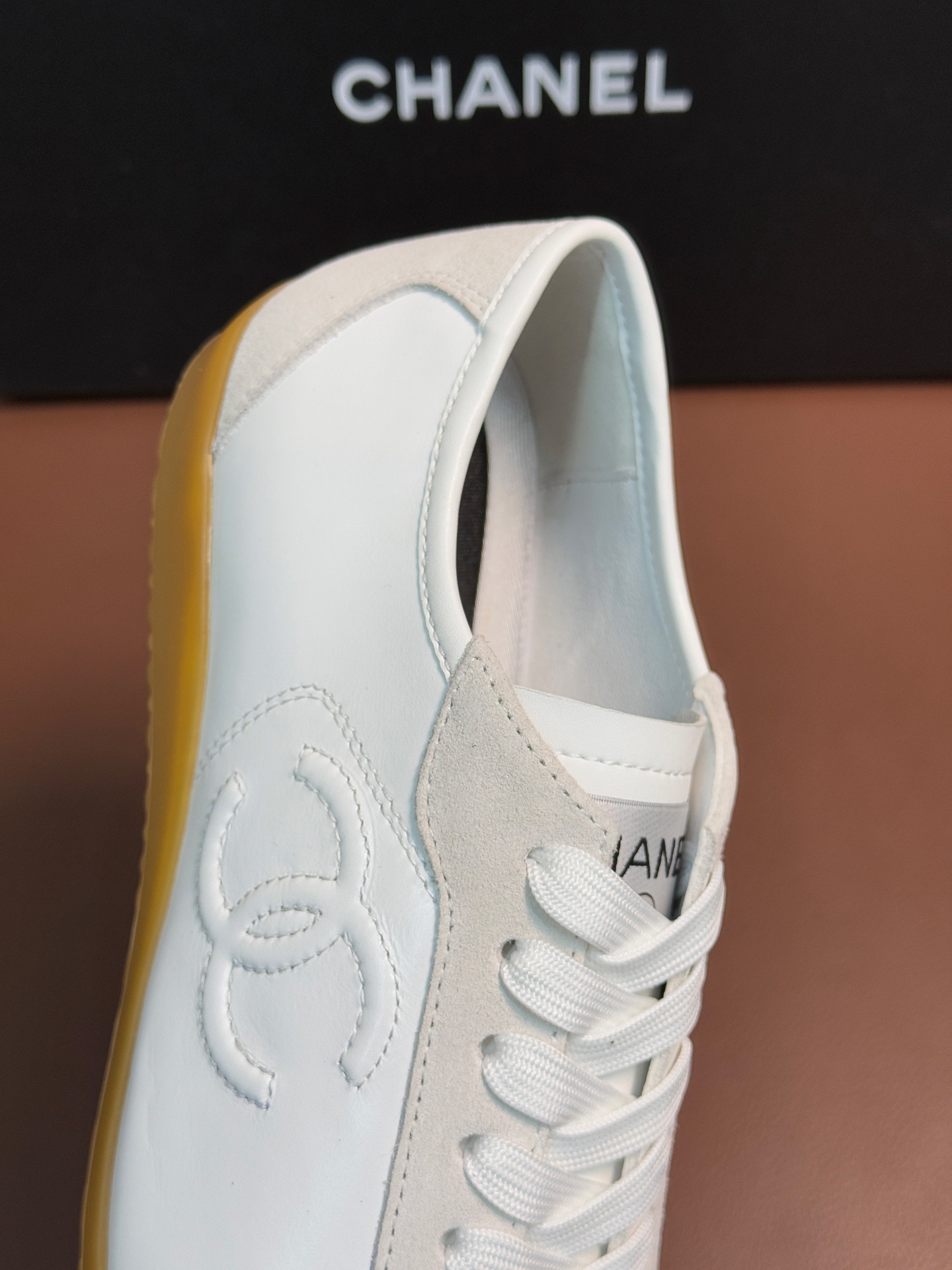 Chanel White Leather & Suede Low-Top Sneakers with Gum Sole