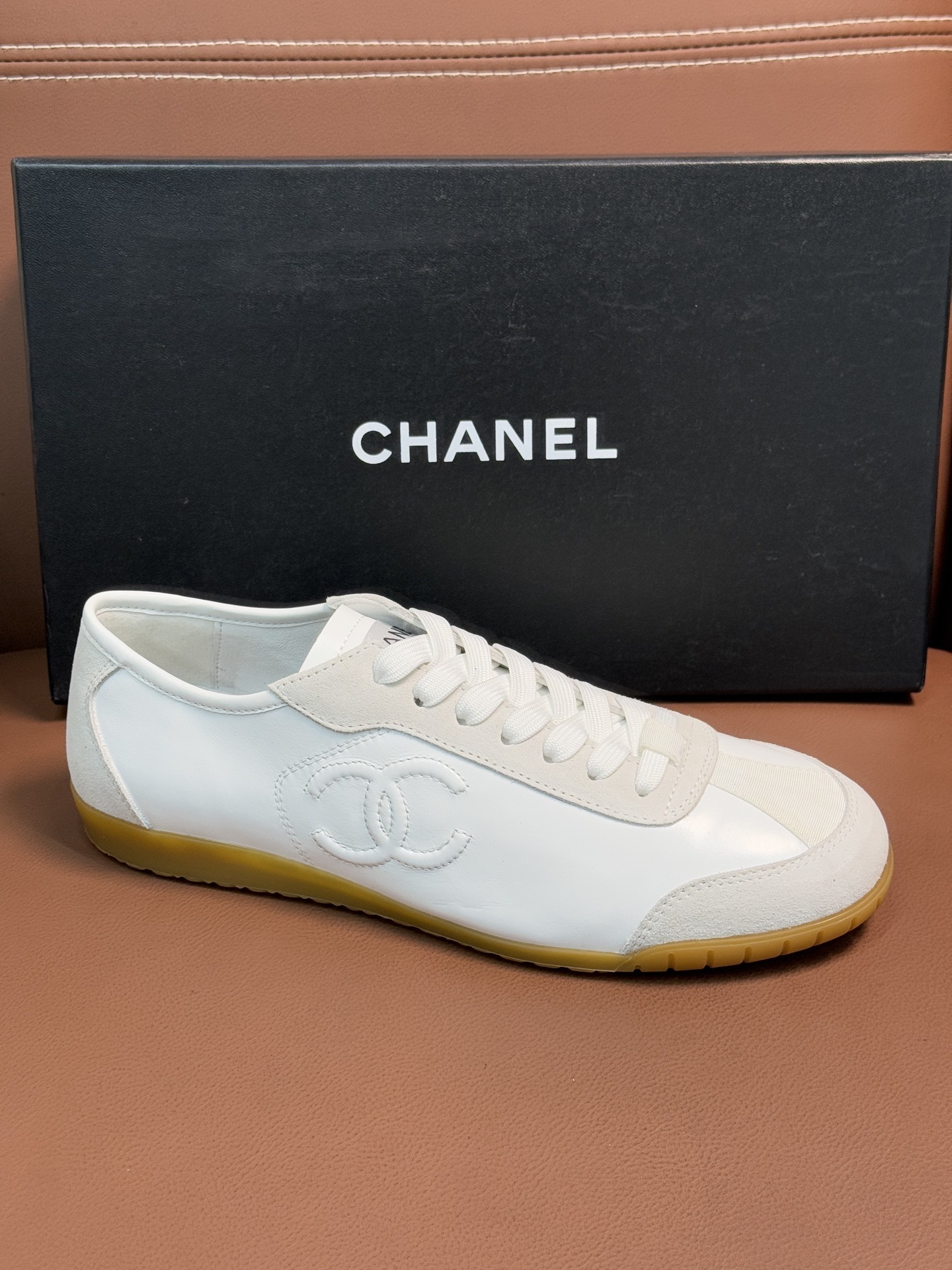 Chanel White Leather & Suede Low-Top Sneakers with Gum Sole