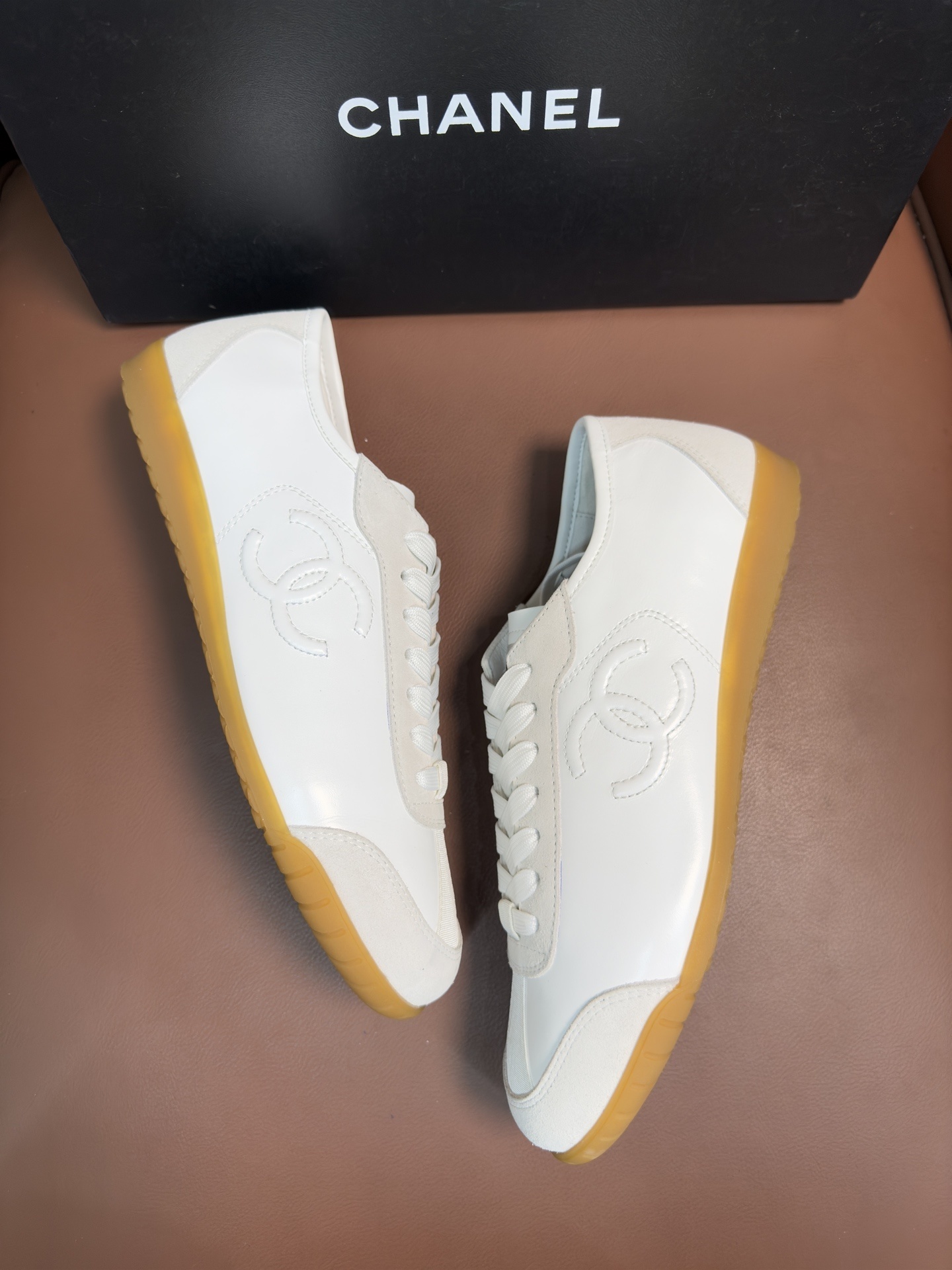 Chanel White Leather & Suede Low-Top Sneakers with Gum Sole