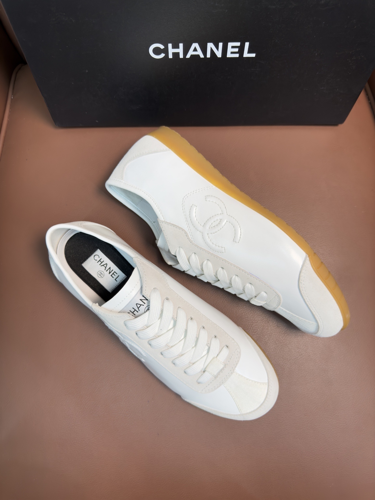 Chanel White Leather & Suede Low-Top Sneakers with Gum Sole