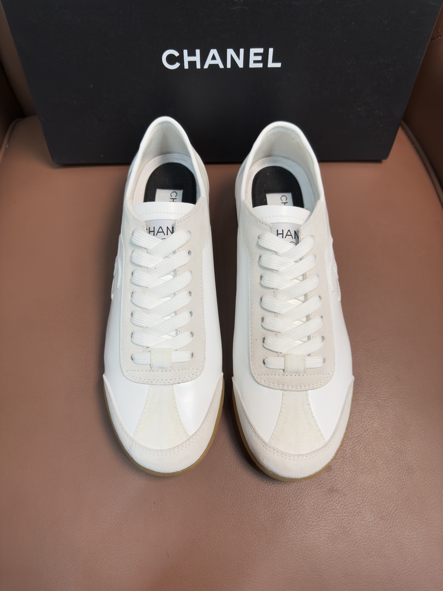 Chanel White Leather & Suede Low-Top Sneakers with Gum Sole