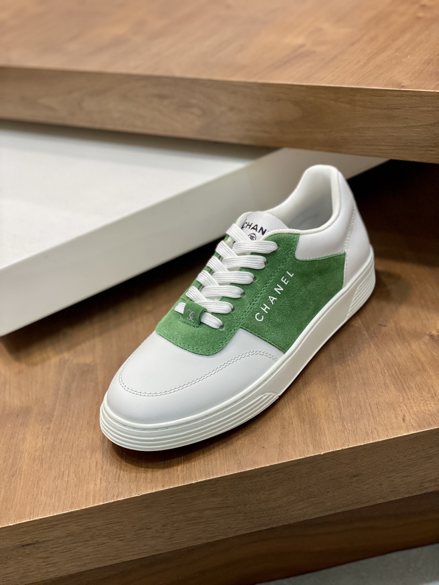 Chanel White & Green Leather Suede Low Top Women's Sneakers