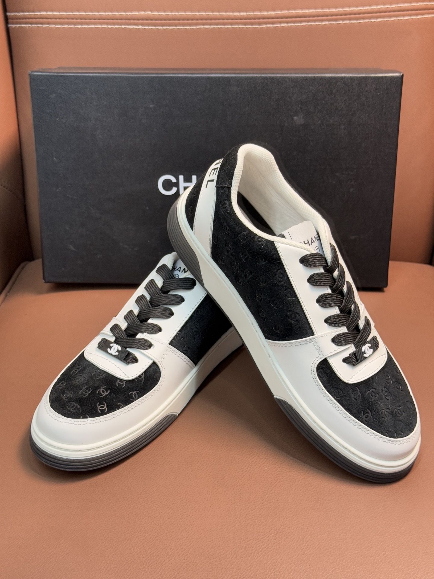 Chanel Monogram Suede & Leather Sneakers - Black/White Luxury Shoes