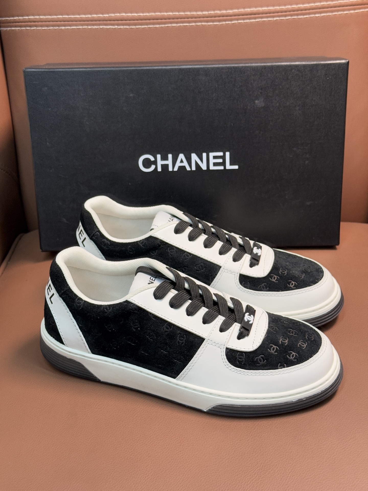 Chanel Monogram Suede & Leather Sneakers - Black/White Luxury Shoes
