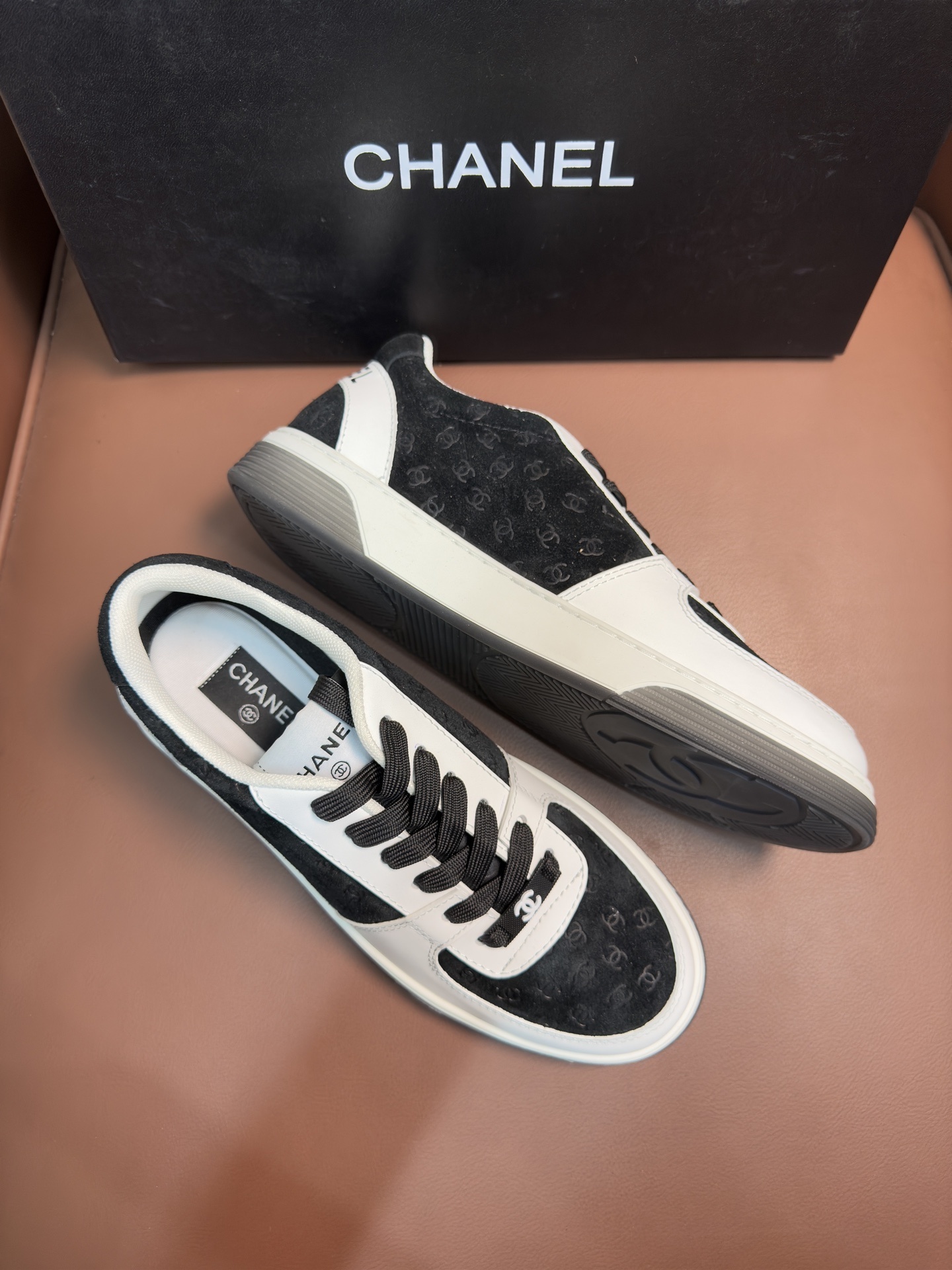 Chanel Monogram Suede & Leather Sneakers - Black/White Luxury Shoes