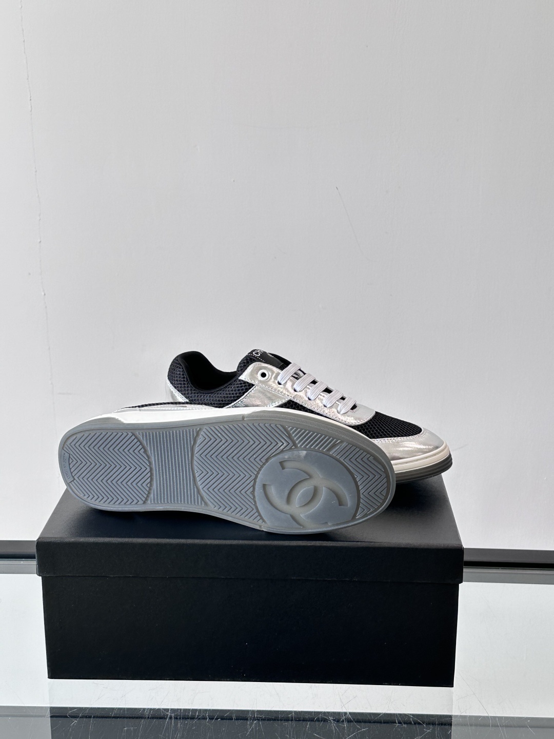 Chanel Silver Metallic and Black Mesh Sneakers with CC Logo