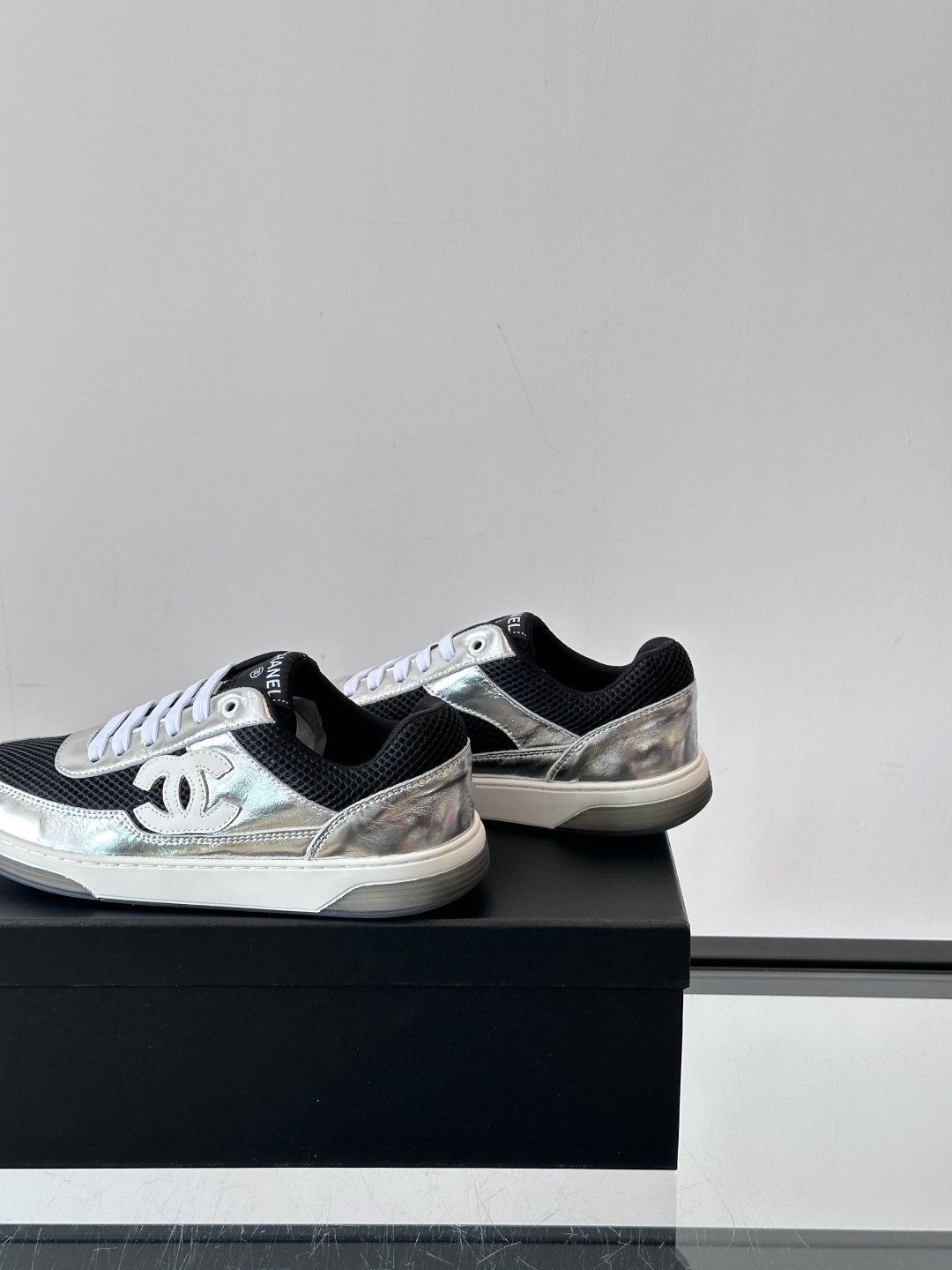 Chanel Silver Metallic and Black Mesh Sneakers with CC Logo
