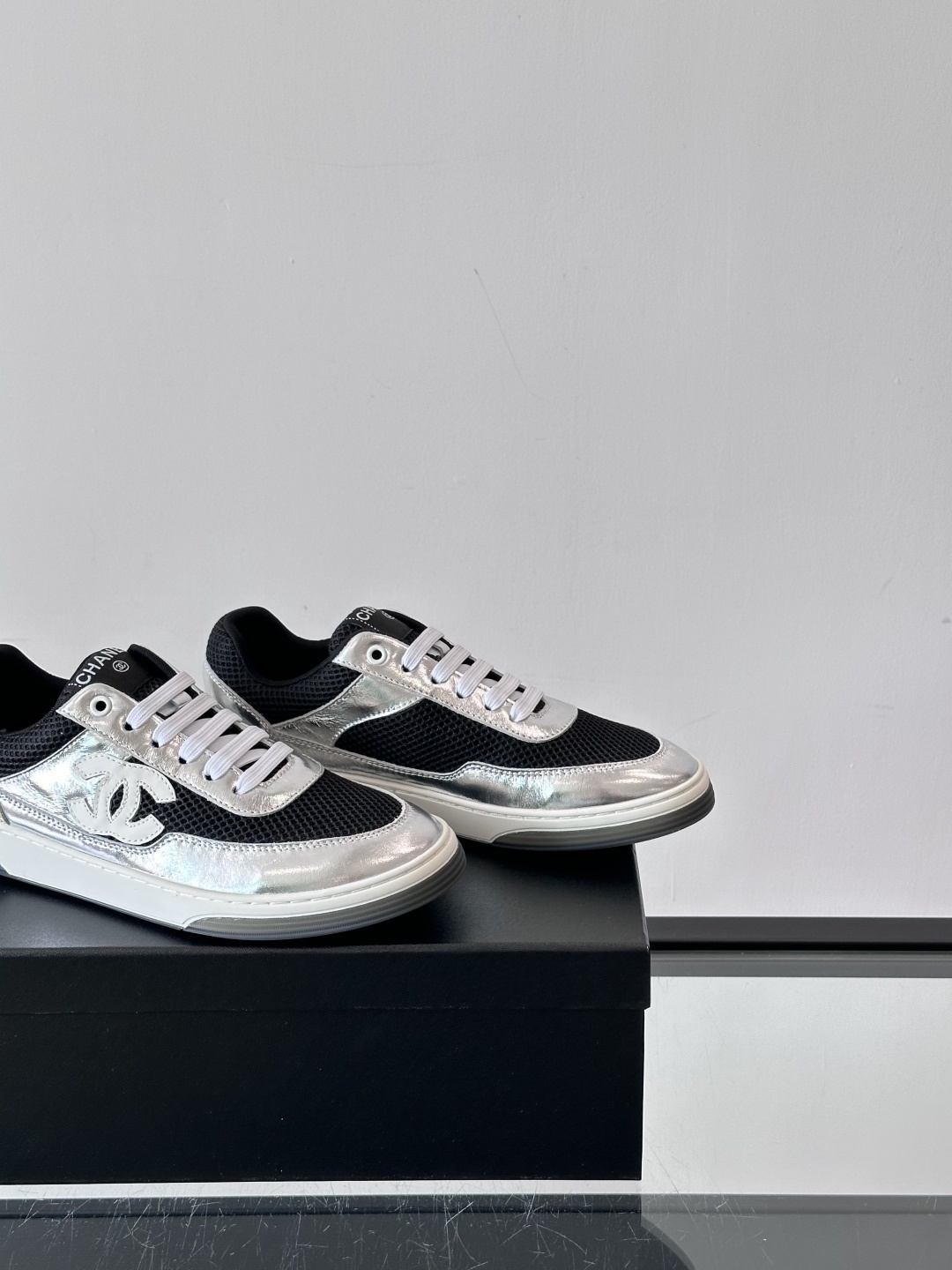 Chanel Silver Metallic and Black Mesh Sneakers with CC Logo