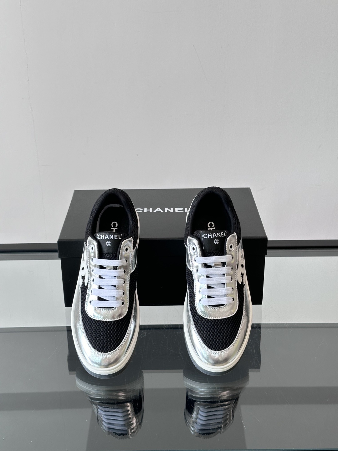 Chanel Silver Metallic and Black Mesh Sneakers with CC Logo