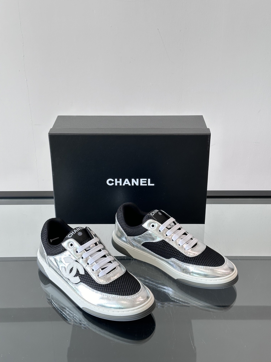 Chanel Silver Metallic and Black Mesh Sneakers with CC Logo