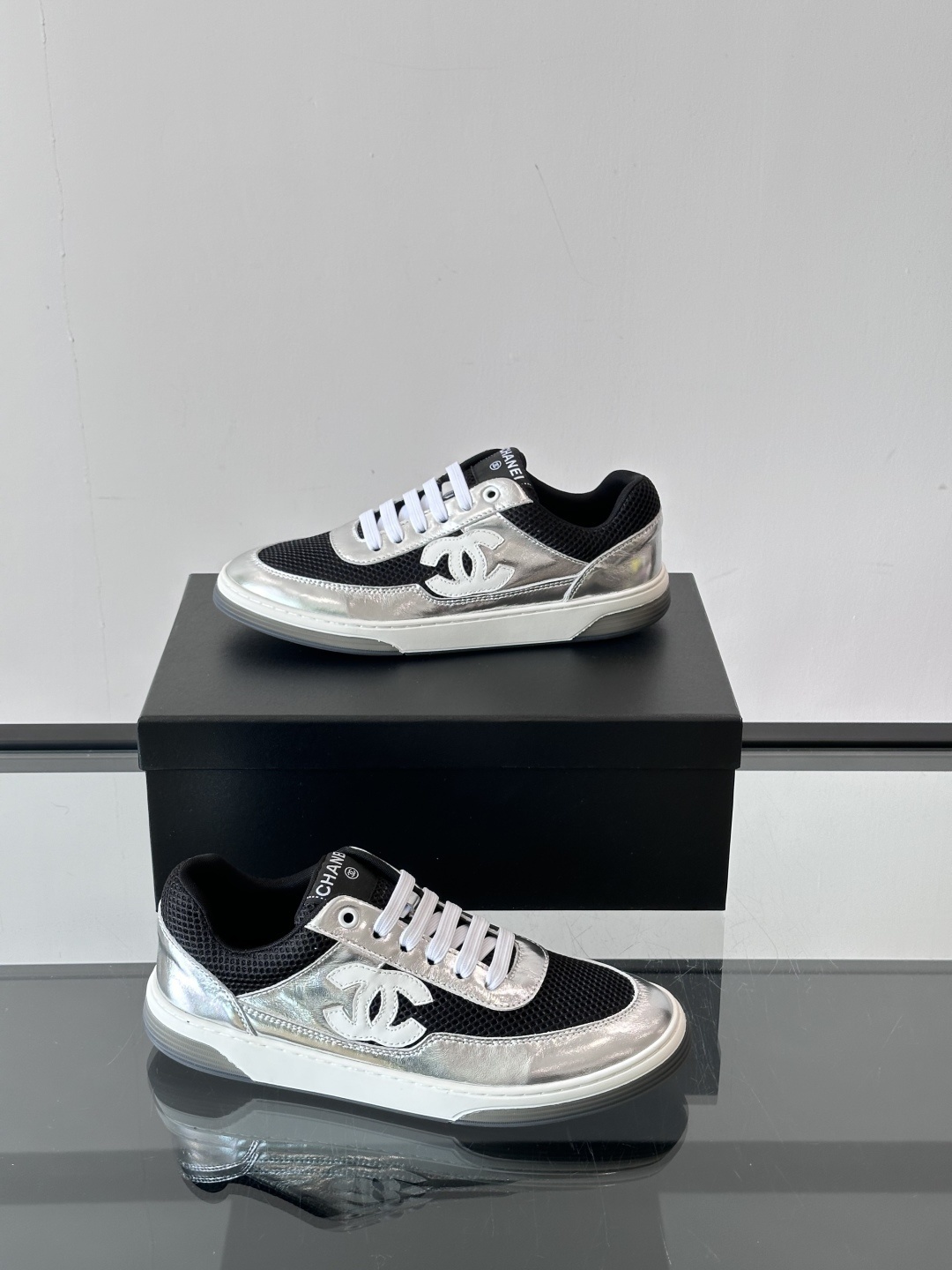 Chanel Silver Metallic and Black Mesh Sneakers with CC Logo