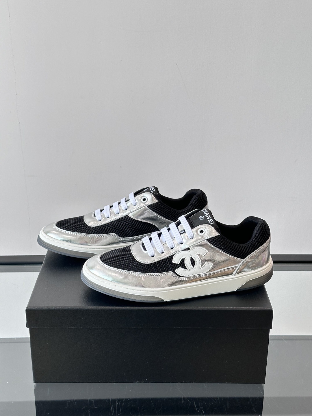 Chanel Silver Metallic and Black Mesh Sneakers with CC Logo