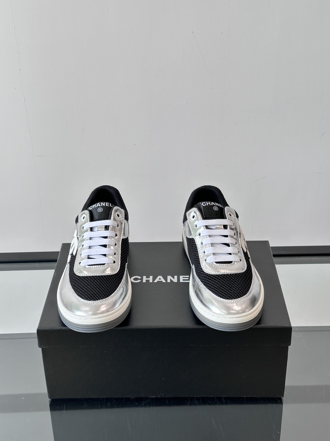 Chanel Silver Metallic and Black Mesh Sneakers with CC Logo