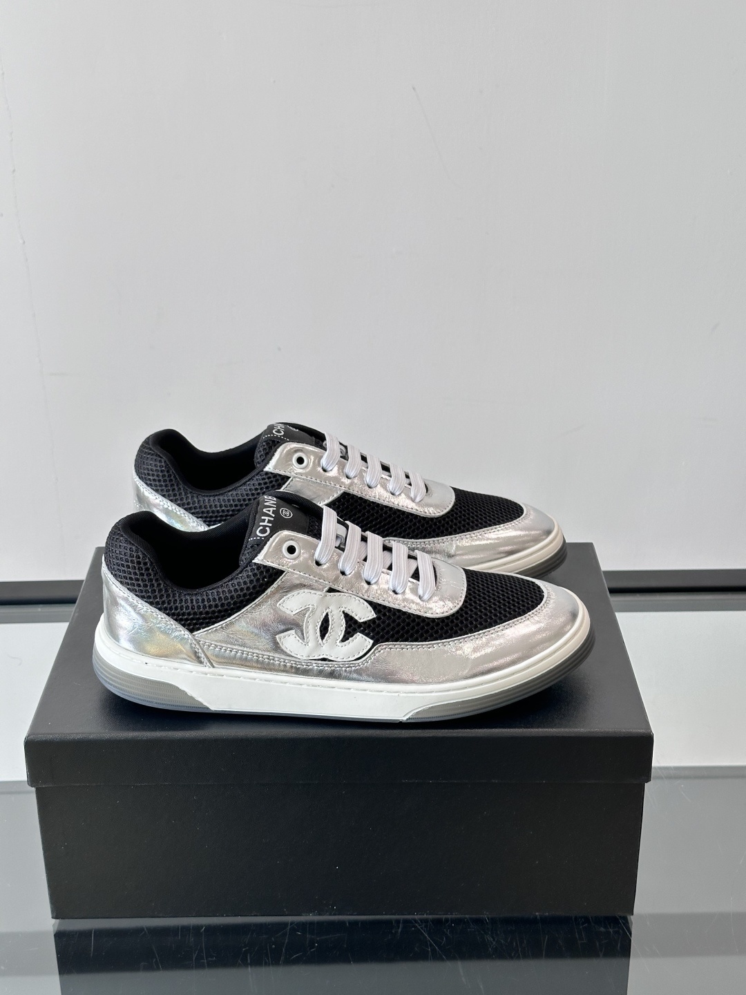 Chanel Silver Metallic and Black Mesh Sneakers with CC Logo