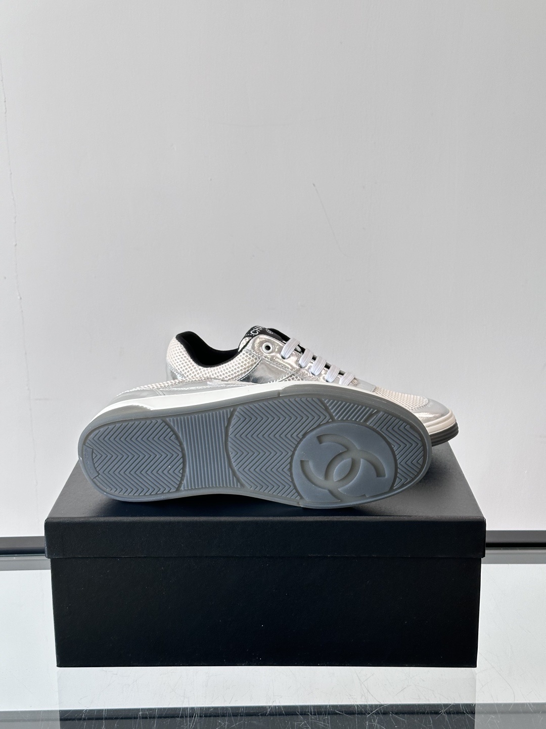 Chanel Silver Metallic & Mesh Low-Top Sneakers