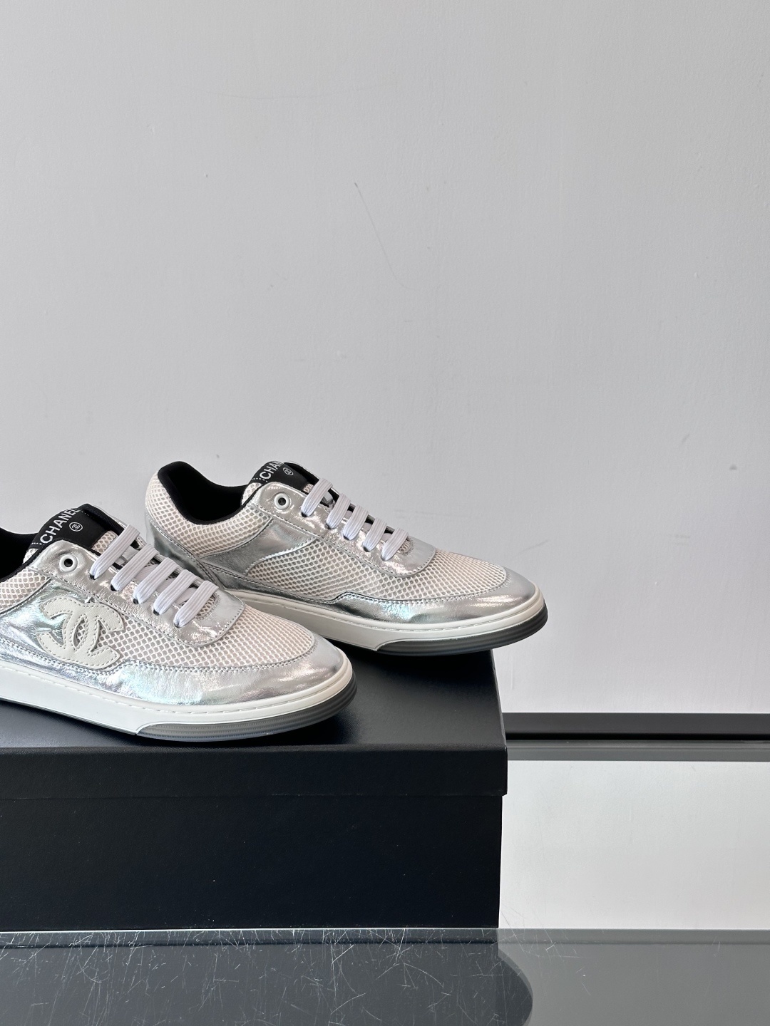 Chanel Silver Metallic & Mesh Low-Top Sneakers