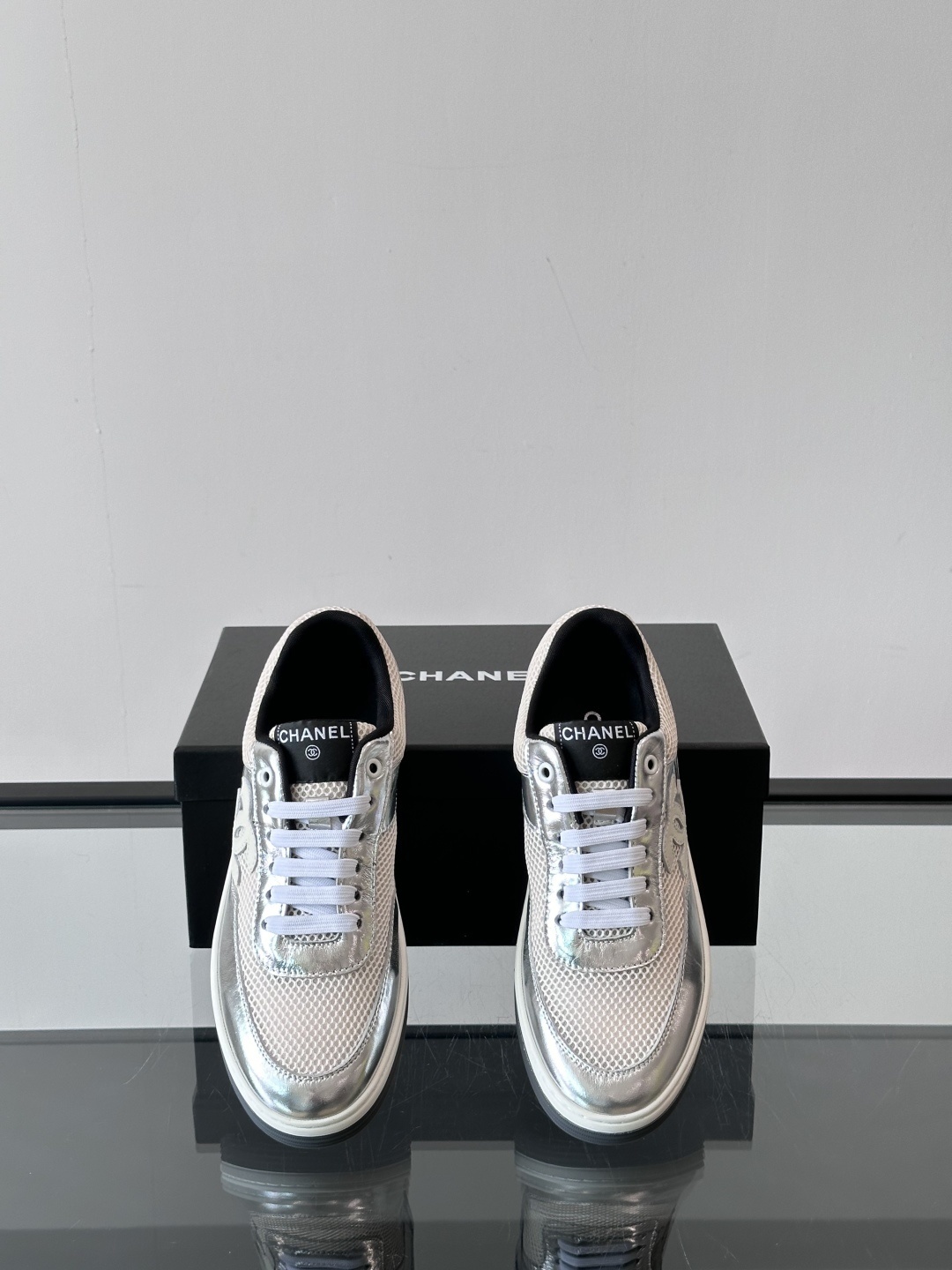 Chanel Silver Metallic & Mesh Low-Top Sneakers