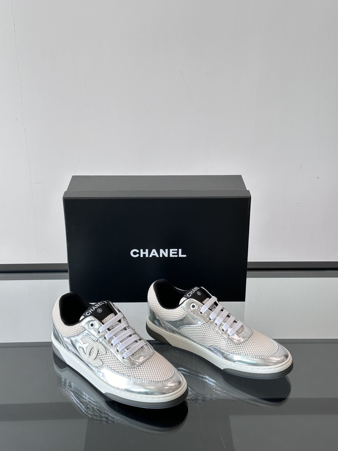 Chanel Silver Metallic & Mesh Low-Top Sneakers