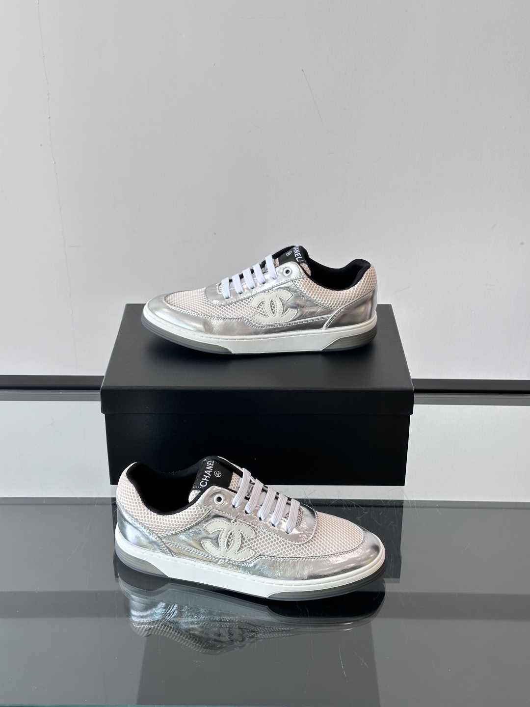 Chanel Silver Metallic & Mesh Low-Top Sneakers
