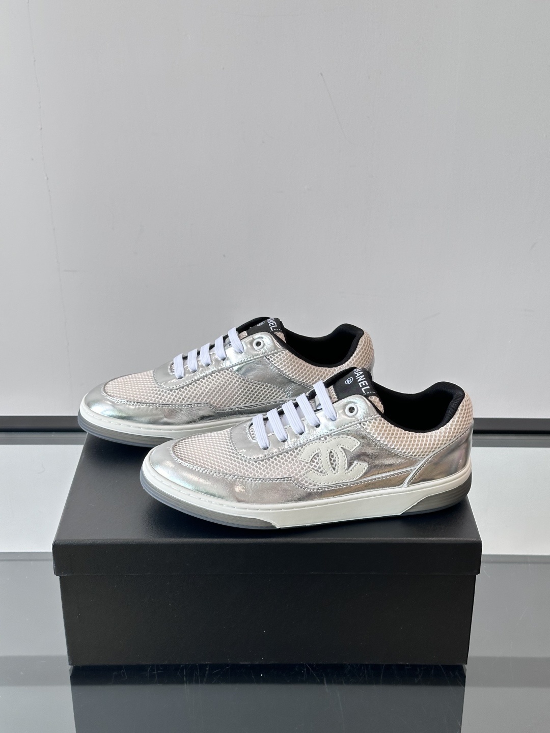 Chanel Silver Metallic & Mesh Low-Top Sneakers
