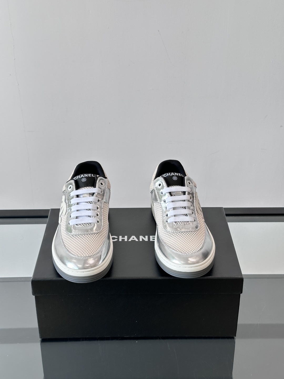 Chanel Silver Metallic & Mesh Low-Top Sneakers