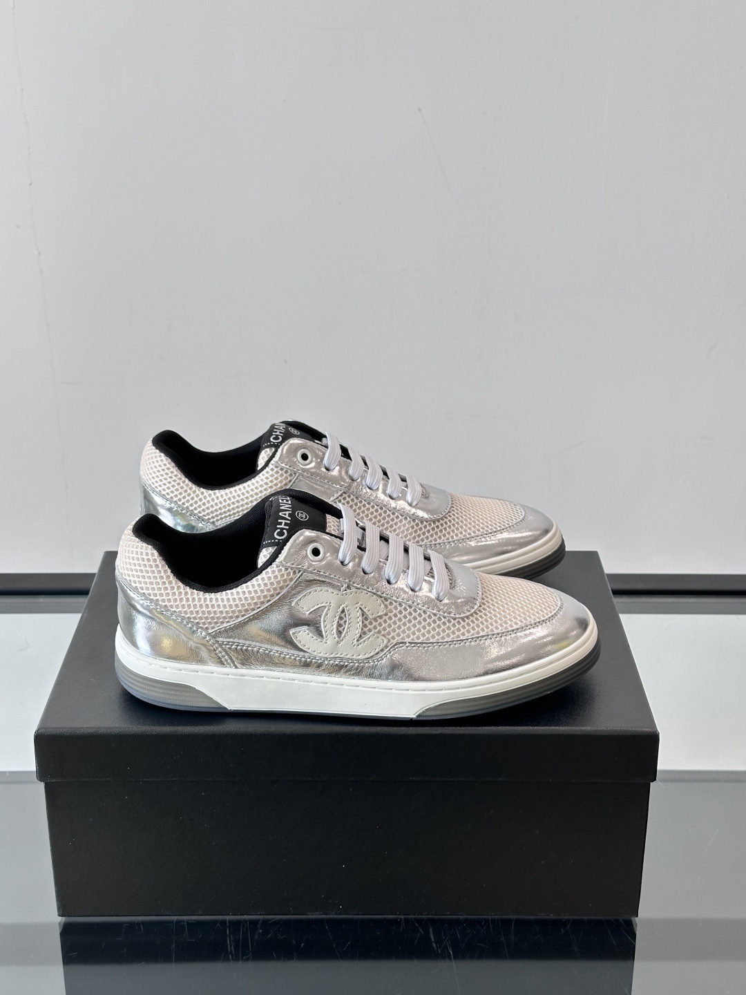 Chanel Silver Metallic & Mesh Low-Top Sneakers