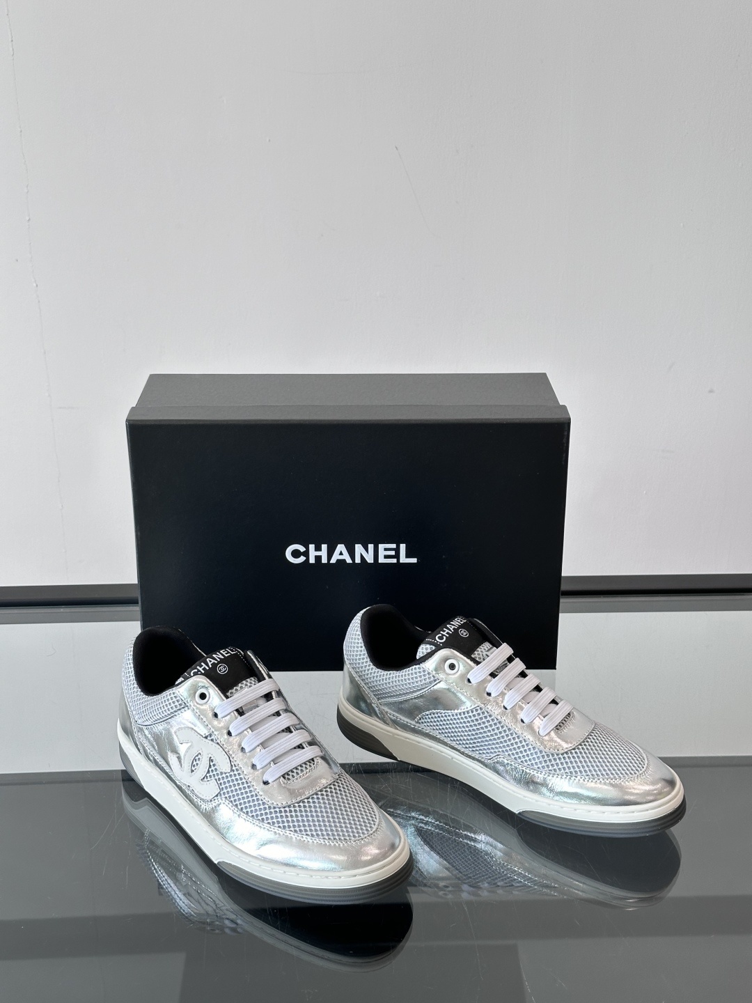 Chanel Silver Metallic Mesh Sneakers - Luxury Designer Footwear