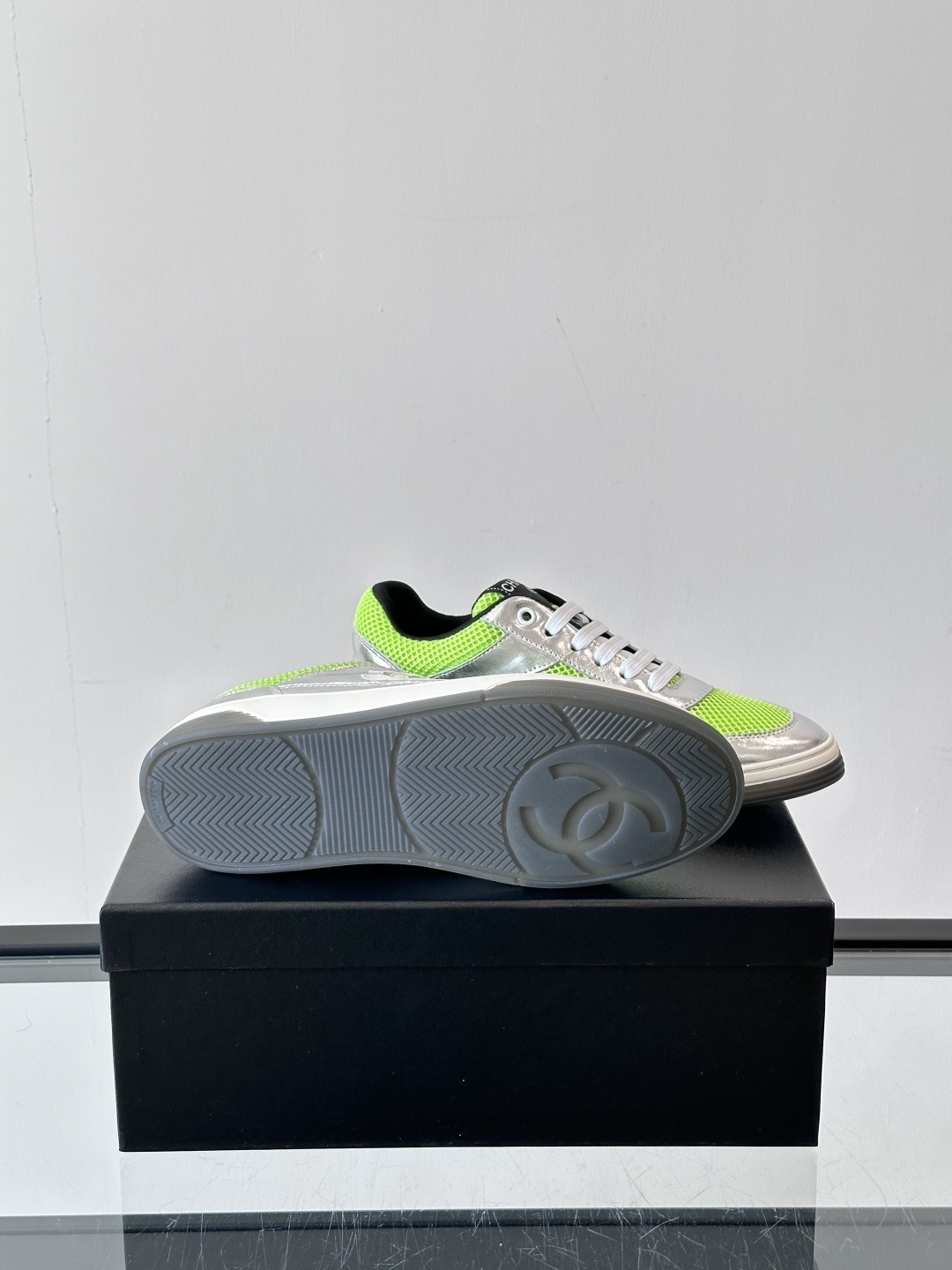 Chanel Neon Green & Metallic Silver Mesh Sneakers - Luxury Fashion