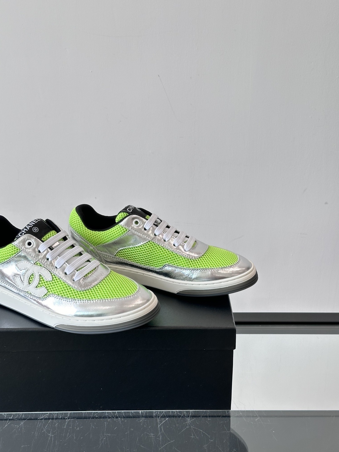 Chanel Neon Green & Metallic Silver Mesh Sneakers - Luxury Fashion