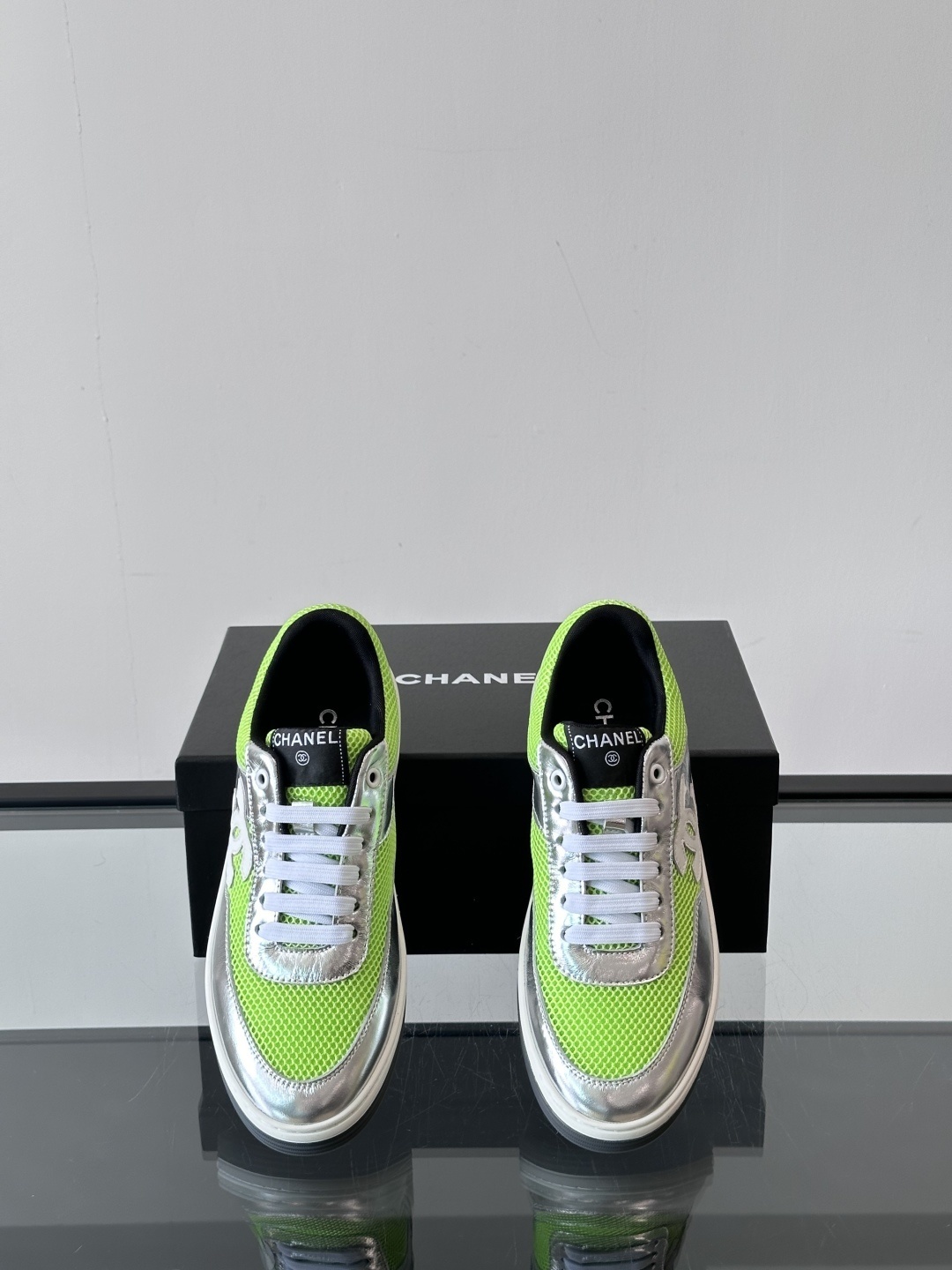 Chanel Neon Green & Metallic Silver Mesh Sneakers - Luxury Fashion
