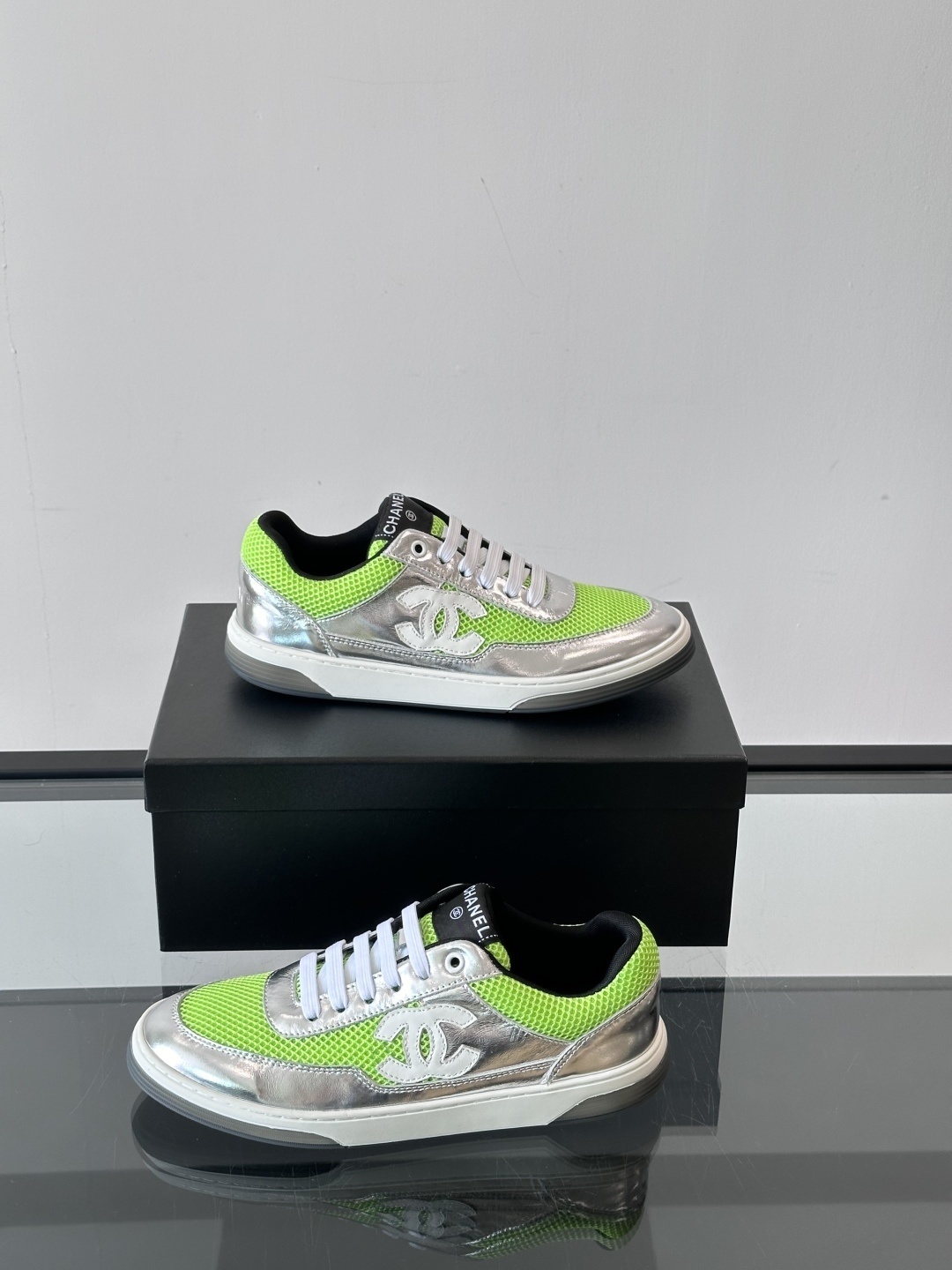 Chanel Neon Green & Metallic Silver Mesh Sneakers - Luxury Fashion
