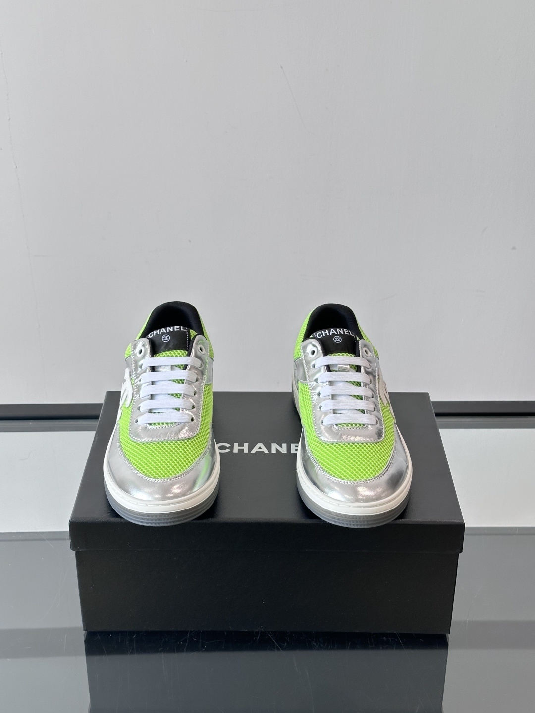 Chanel Neon Green & Metallic Silver Mesh Sneakers - Luxury Fashion