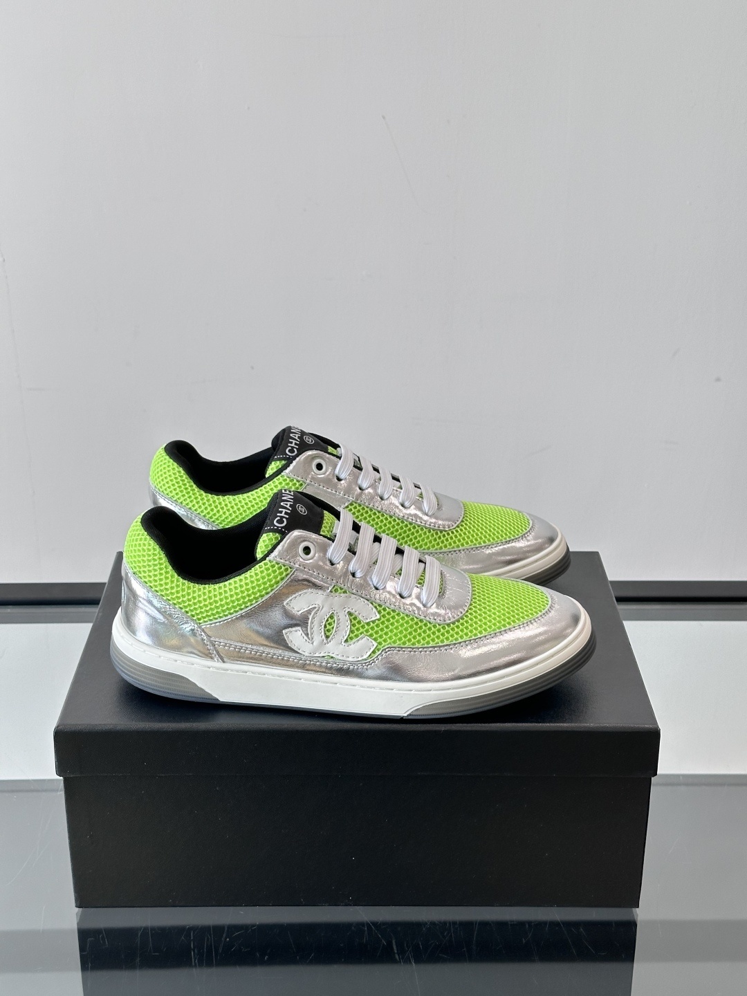 Chanel Neon Green & Metallic Silver Mesh Sneakers – Luxury Fashion
