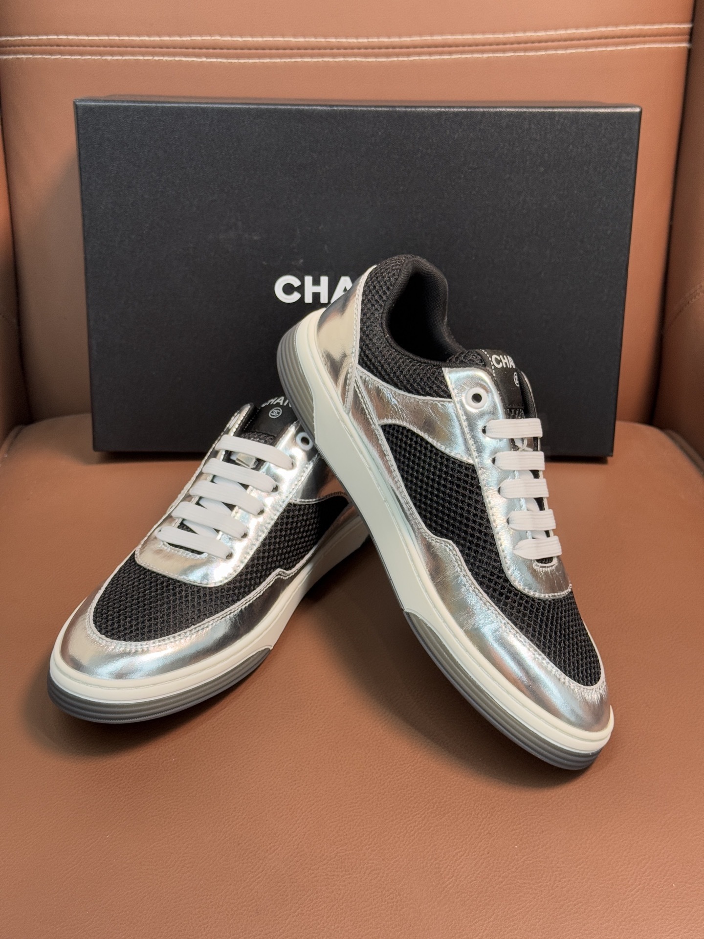 Chanel Metallic Silver & Black Mesh Sneakers - Luxury Fashion Trainers