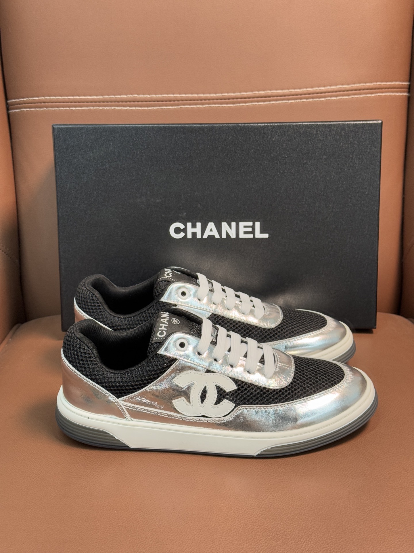 Chanel Metallic Silver & Black Mesh Sneakers - Luxury Fashion Trainers