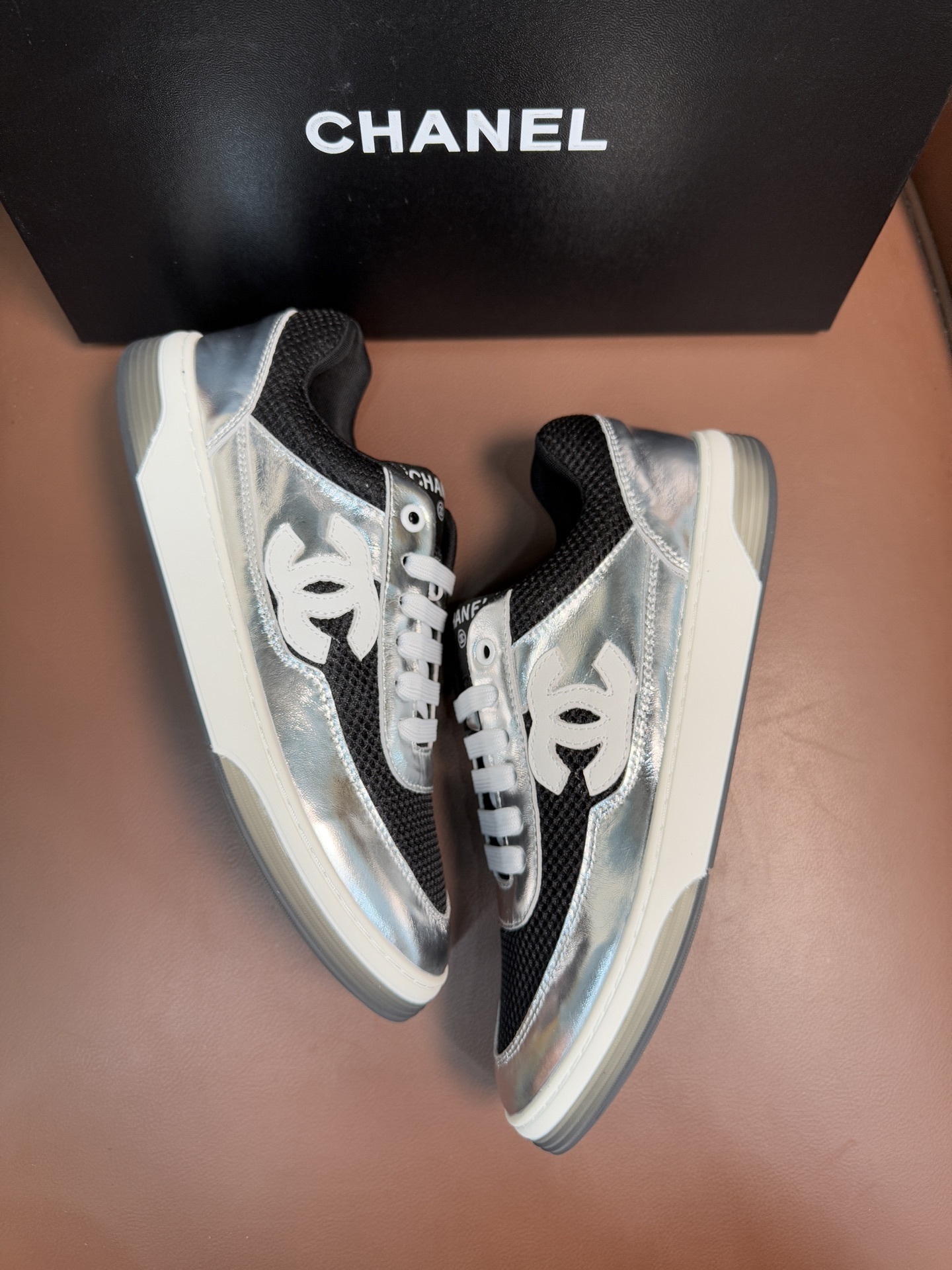 Chanel Metallic Silver & Black Mesh Sneakers - Luxury Fashion Trainers