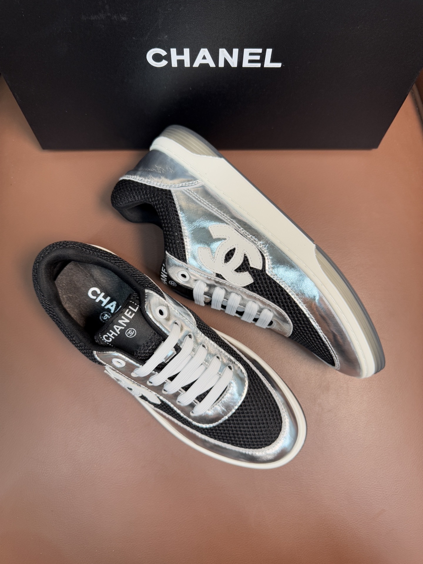 Chanel Metallic Silver & Black Mesh Sneakers - Luxury Fashion Trainers