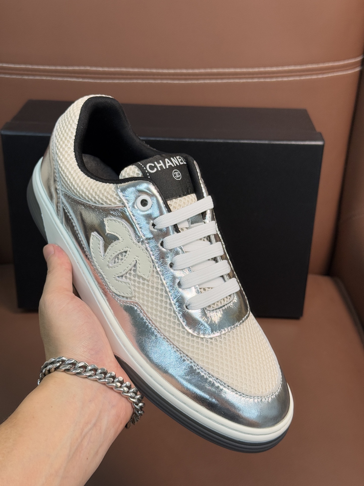 Chanel Silver Metallic Mesh Sneakers Luxury Low-Top Trainers