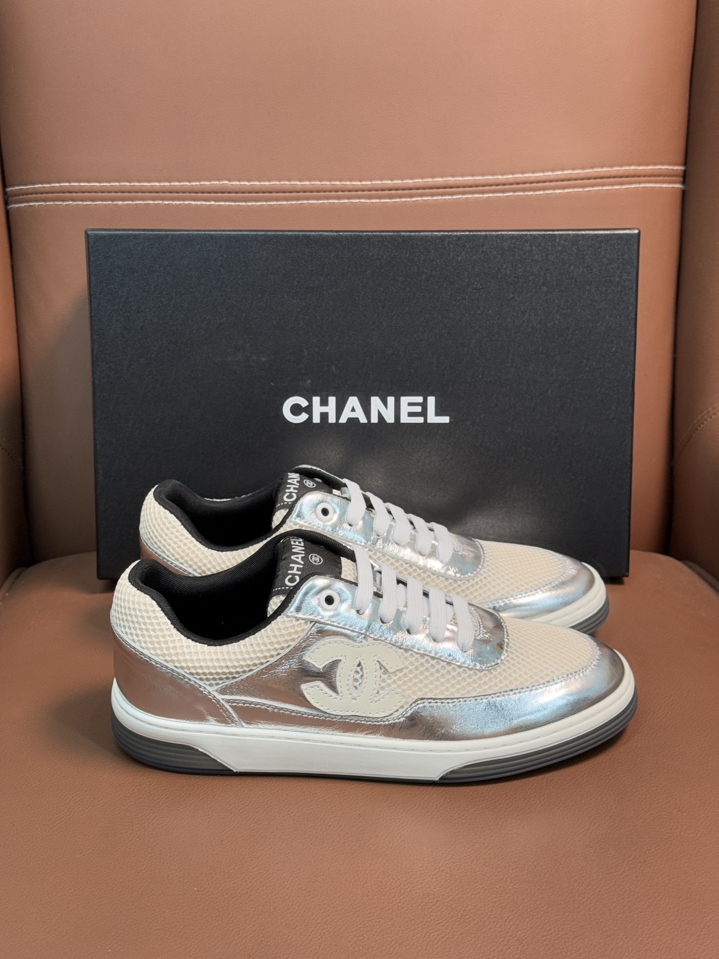 Chanel Silver Metallic Mesh Sneakers Luxury Low-Top Trainers