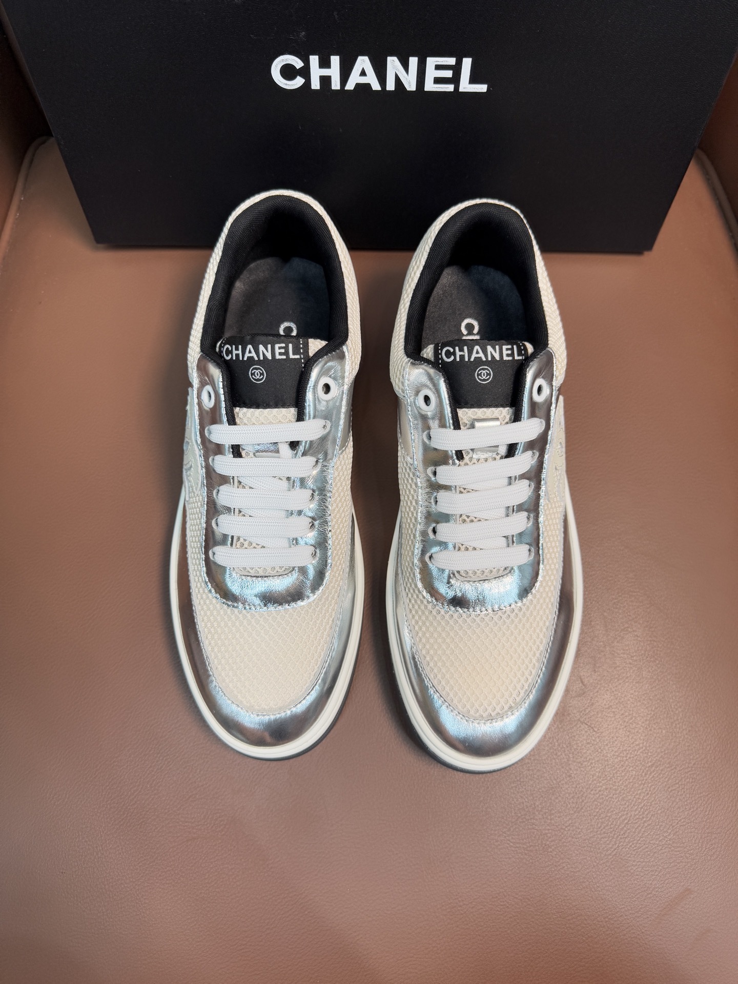 Chanel Silver Metallic Mesh Sneakers Luxury Low-Top Trainers